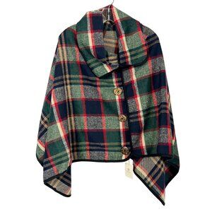 NEW‎ Fadivo Green Blue & Red Plaid Cape Wood Buttons Preppy One Size